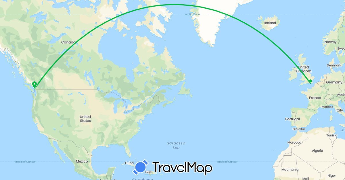 TravelMap itinerary: bus, plane in Canada, United Kingdom (Europe, North America)